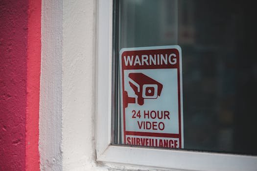 câmera Close-up of a red warning sign for 24-hour video surveillance on a window.