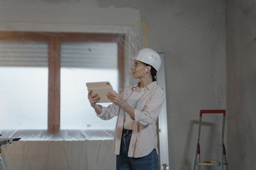 A female architect wearing a hard hat uses a tablet on a construction site for interior design planning. reforma