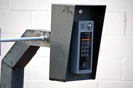 Close-up of a modern security intercom and keypad mounted on a wall outdoors with visible wiring. portaria