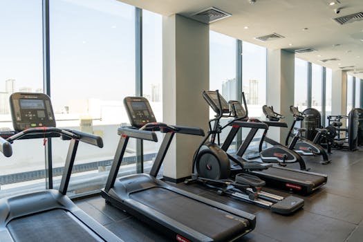 Spacious gym in Dubai equipped with modern treadmills and exercise bikes. academia