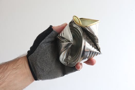 A gloved hand holding a crushed tin can showcases recycling and waste management. seletiva