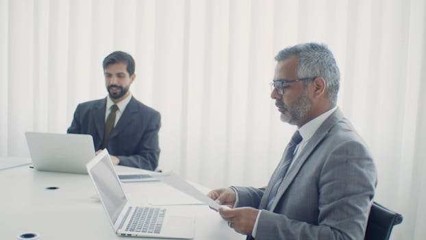 Two colleagues in a corporate setting, working on laptops and documents. compliance