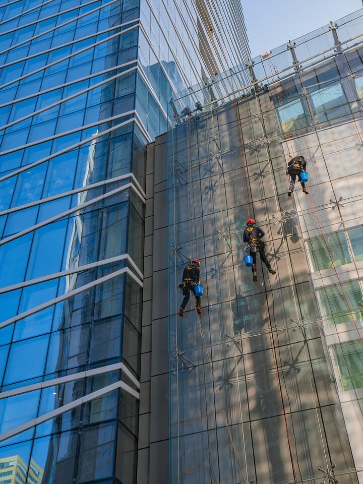 building, window, window cleaner, facade, skyscraper, glass, people, people, people, people, people, people
