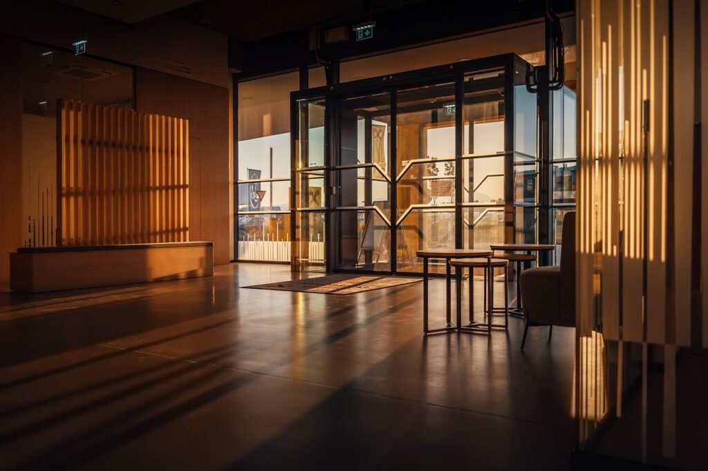 building, door, architecture, entrance, glass, indoors, office, sliding doors, sunlight, tables, work, office, office, office, office, office